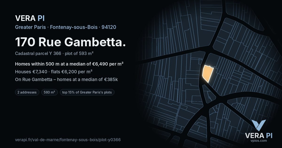 170 Rue Gambetta, Fontenay-sous-Bois at night – the plot lit, the parcels around coloured by the prices near them