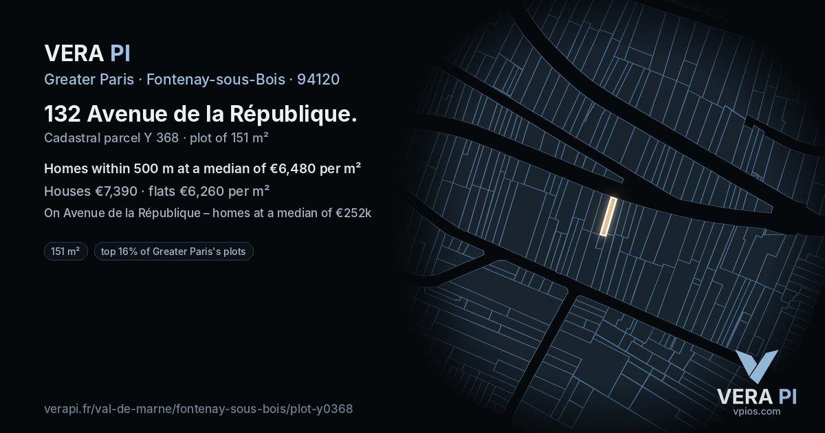 132 Avenue de la République, Fontenay-sous-Bois at night – the plot lit, the parcels around coloured by the prices near them