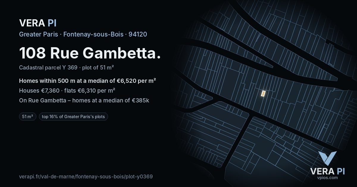 108 Rue Gambetta, Fontenay-sous-Bois at night – the plot lit, the parcels around coloured by the prices near them