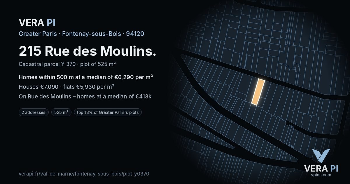 215 Rue des Moulins, Fontenay-sous-Bois at night – the plot lit, the parcels around coloured by the prices near them