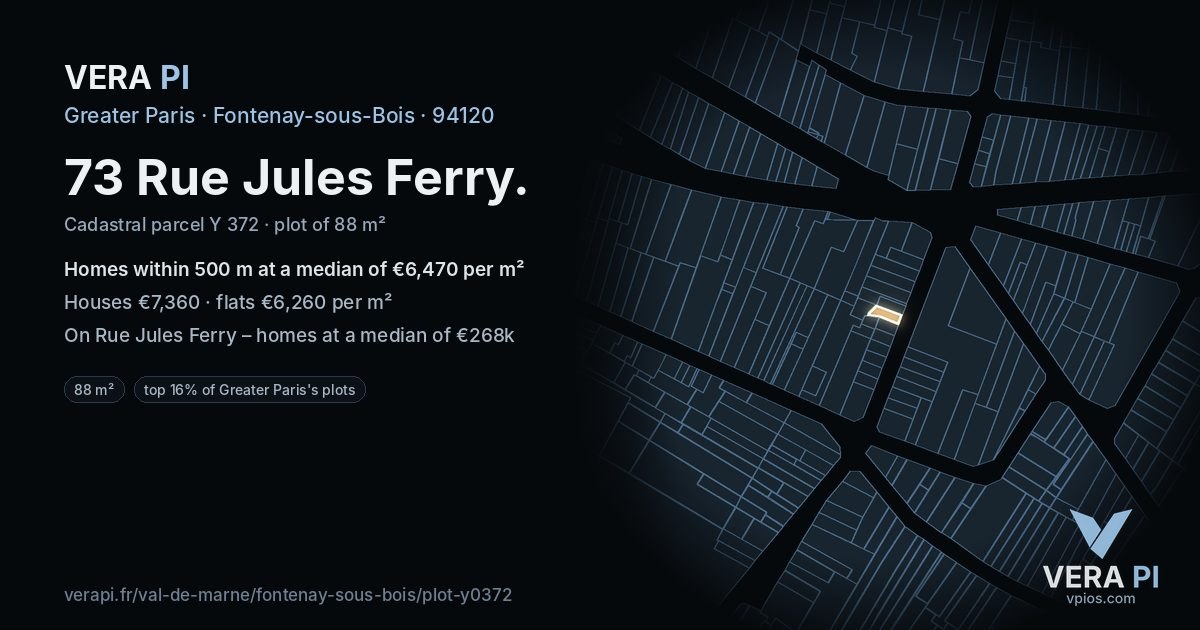 73 Rue Jules Ferry, Fontenay-sous-Bois at night – the plot lit, the parcels around coloured by the prices near them