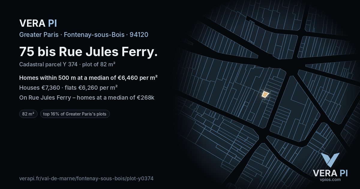 75 bis Rue Jules Ferry, Fontenay-sous-Bois at night – the plot lit, the parcels around coloured by the prices near them