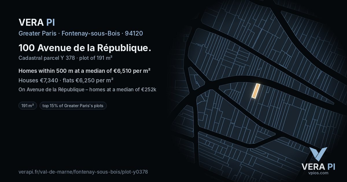 100 Avenue de la République, Fontenay-sous-Bois at night – the plot lit, the parcels around coloured by the prices near them