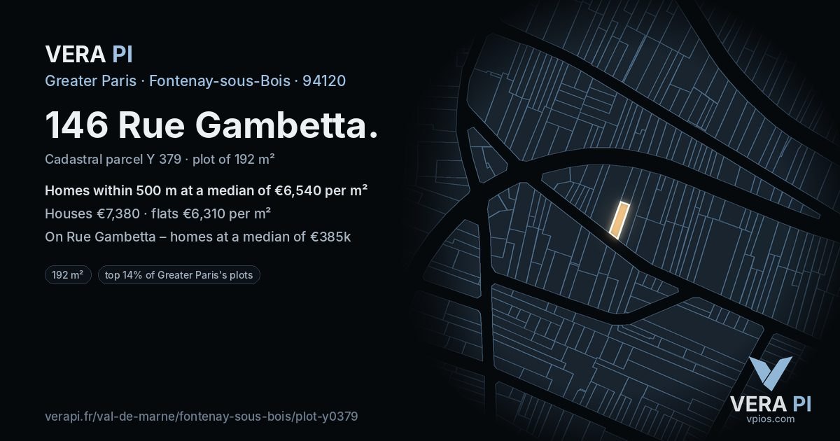 146 Rue Gambetta, Fontenay-sous-Bois at night – the plot lit, the parcels around coloured by the prices near them