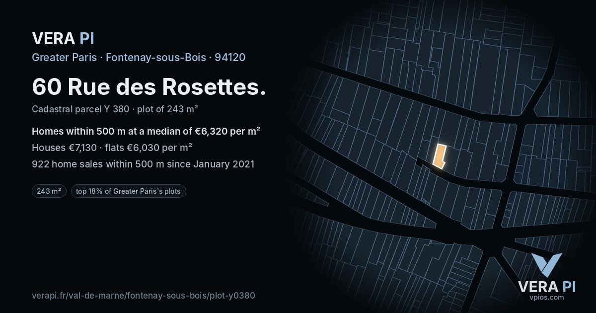 60 Rue des Rosettes, Fontenay-sous-Bois at night – the plot lit, the parcels around coloured by the prices near them