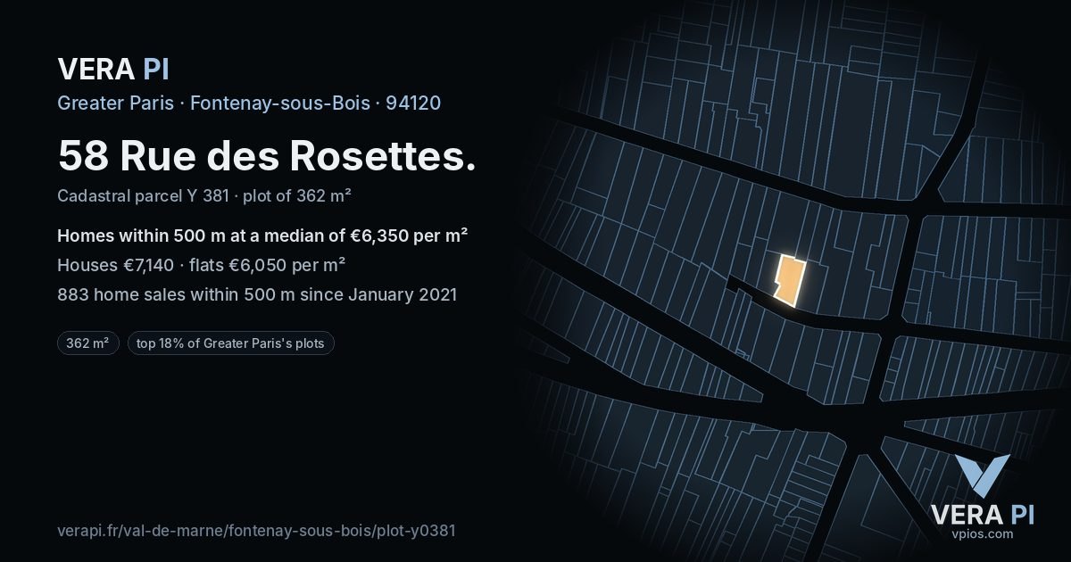 58 Rue des Rosettes, Fontenay-sous-Bois at night – the plot lit, the parcels around coloured by the prices near them