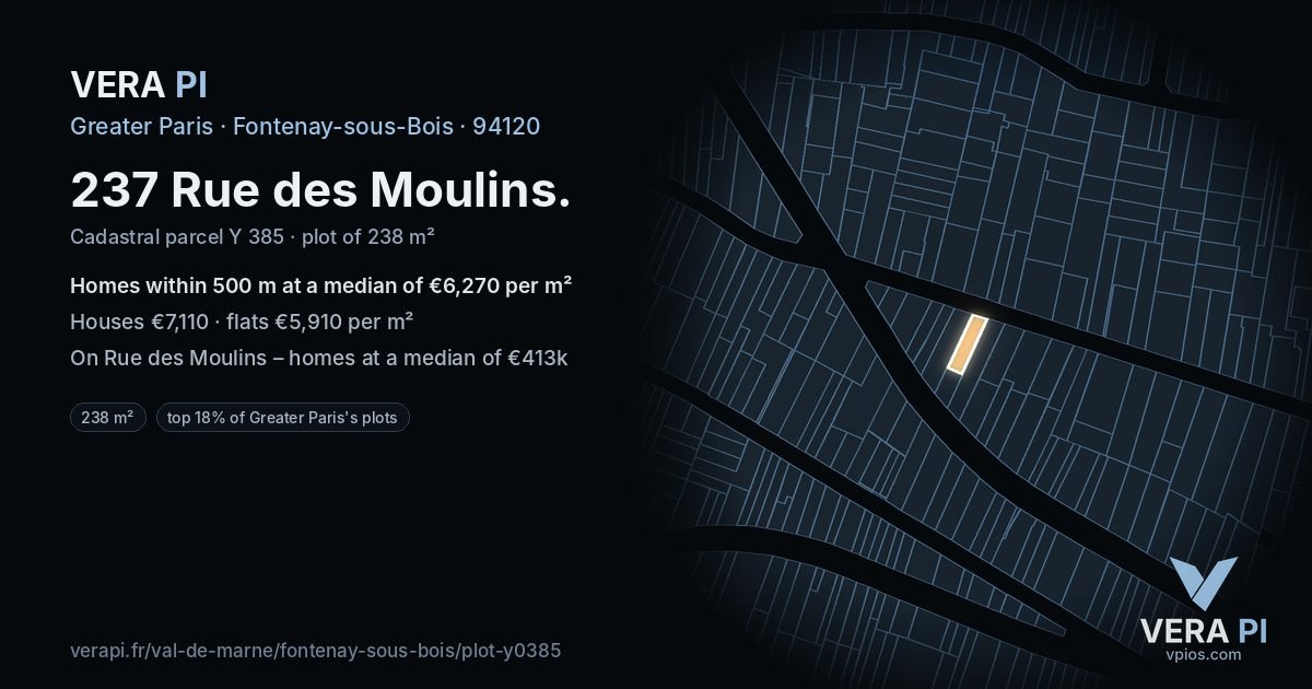 237 Rue des Moulins, Fontenay-sous-Bois at night – the plot lit, the parcels around coloured by the prices near them