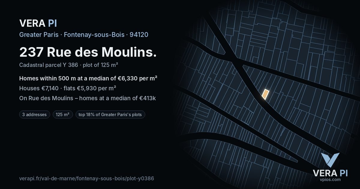 237 Rue des Moulins, Fontenay-sous-Bois at night – the plot lit, the parcels around coloured by the prices near them