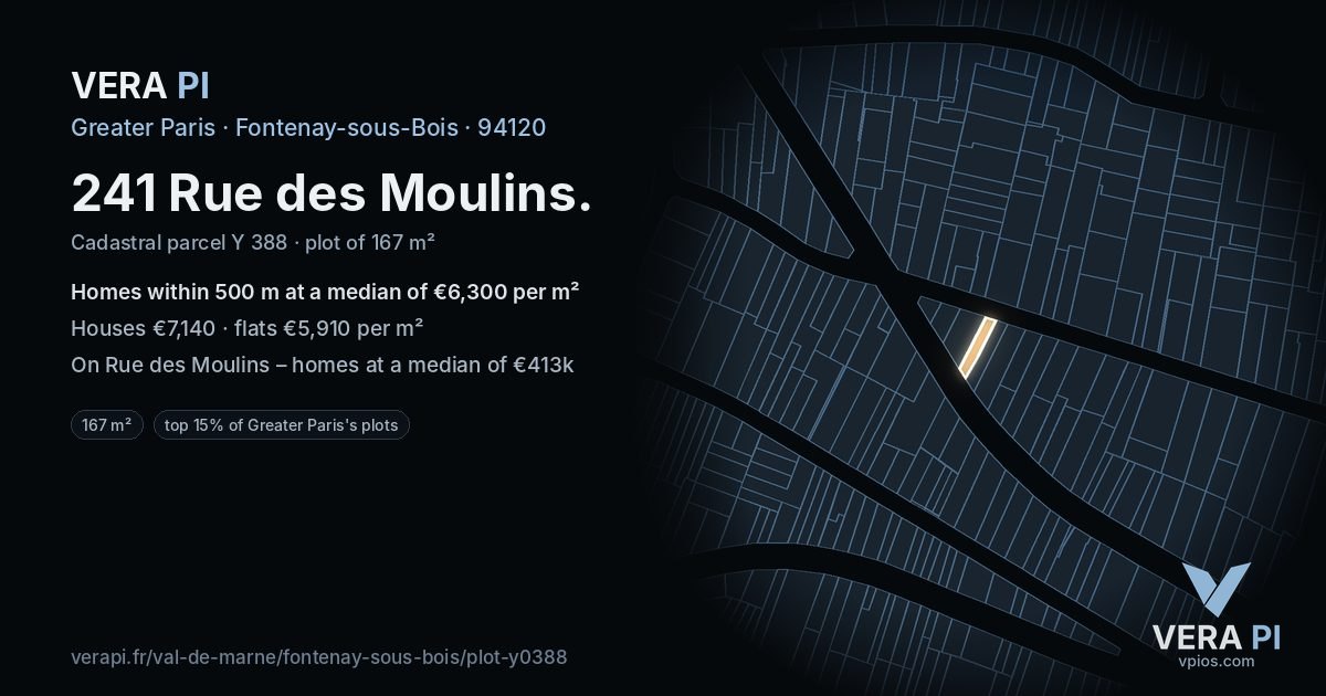 241 Rue des Moulins, Fontenay-sous-Bois at night – the plot lit, the parcels around coloured by the prices near them