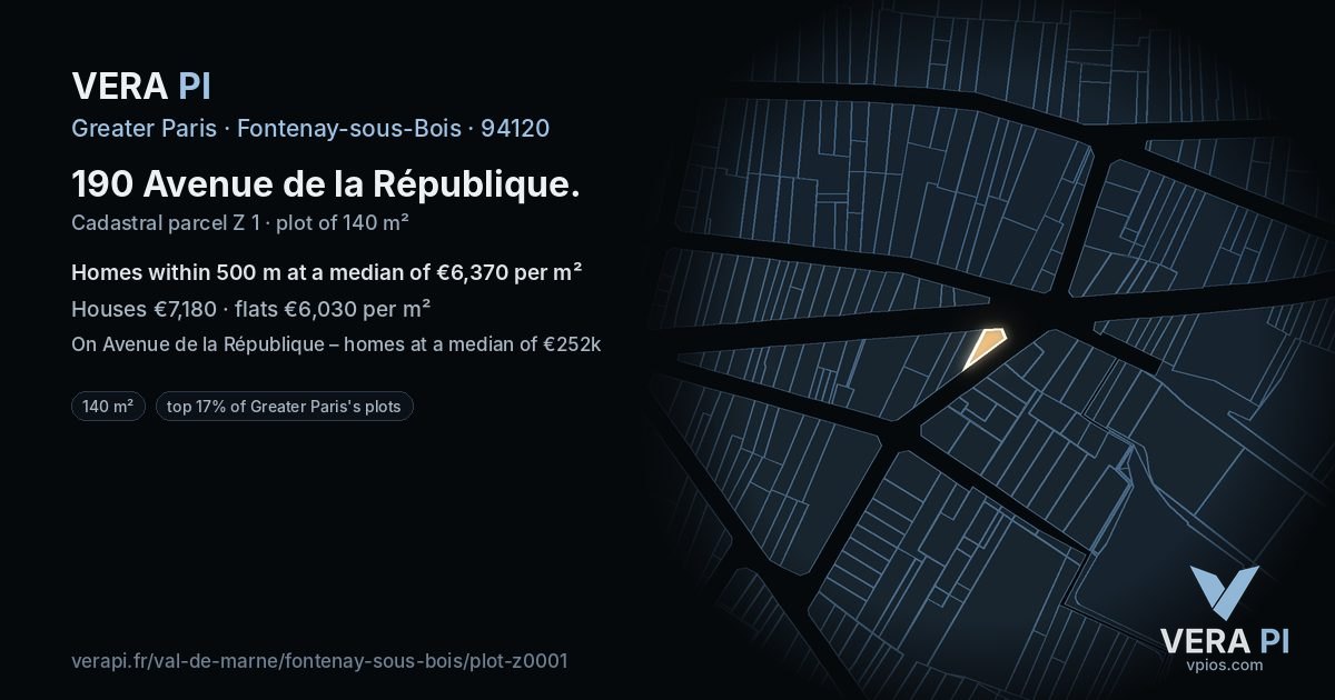 190 Avenue de la République, Fontenay-sous-Bois at night – the plot lit, the parcels around coloured by the prices near them