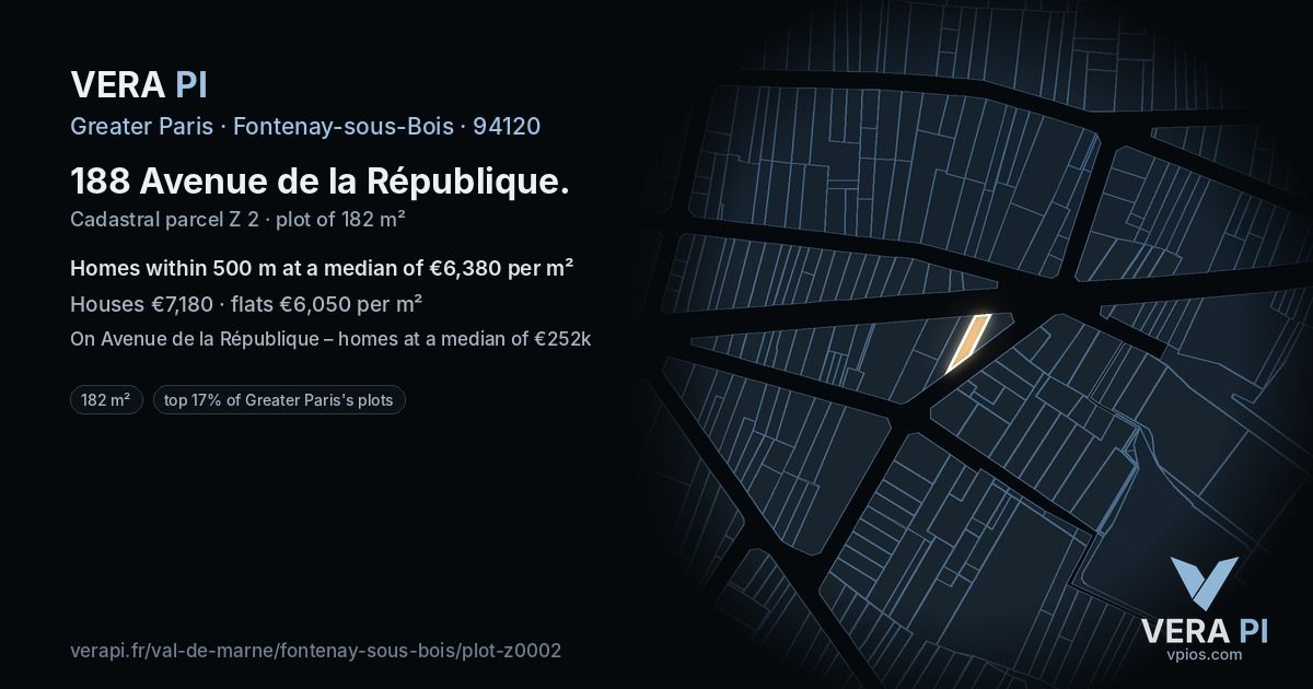 188 Avenue de la République, Fontenay-sous-Bois at night – the plot lit, the parcels around coloured by the prices near them