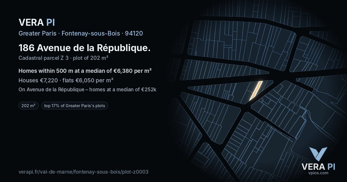 186 Avenue de la République, Fontenay-sous-Bois at night – the plot lit, the parcels around coloured by the prices near them