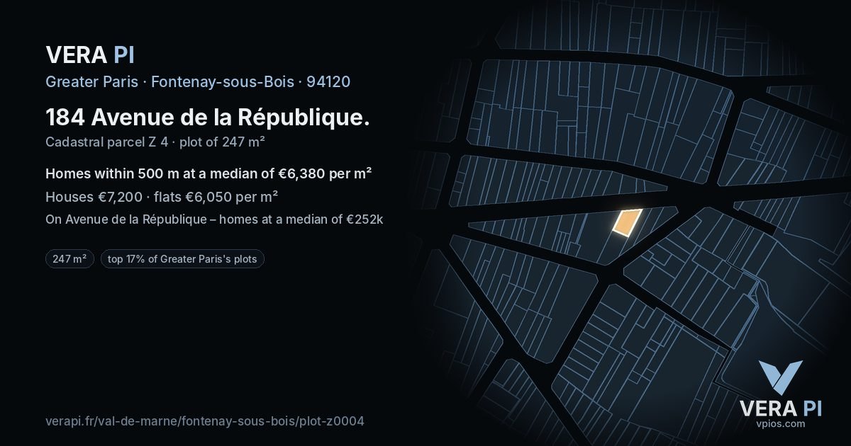 184 Avenue de la République, Fontenay-sous-Bois at night – the plot lit, the parcels around coloured by the prices near them