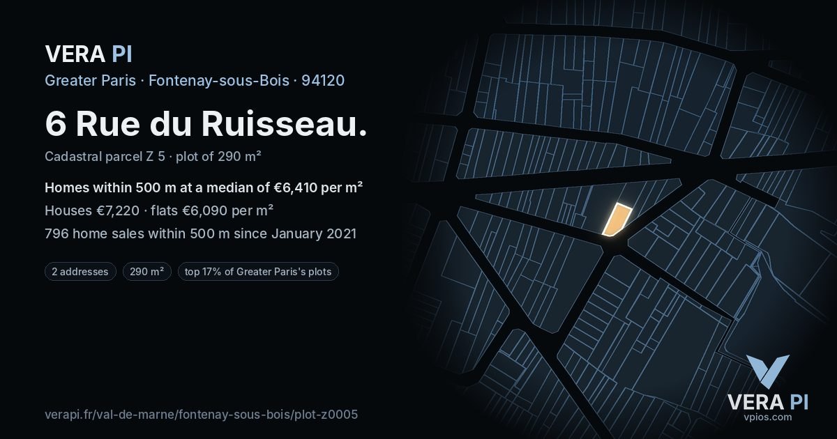 6 Rue du Ruisseau, Fontenay-sous-Bois at night – the plot lit, the parcels around coloured by the prices near them