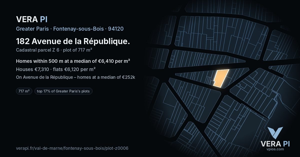 182 Avenue de la République, Fontenay-sous-Bois at night – the plot lit, the parcels around coloured by the prices near them
