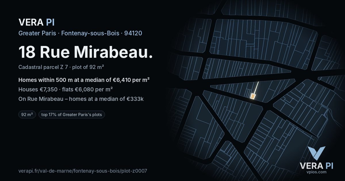 18 Rue Mirabeau, Fontenay-sous-Bois at night – the plot lit, the parcels around coloured by the prices near them