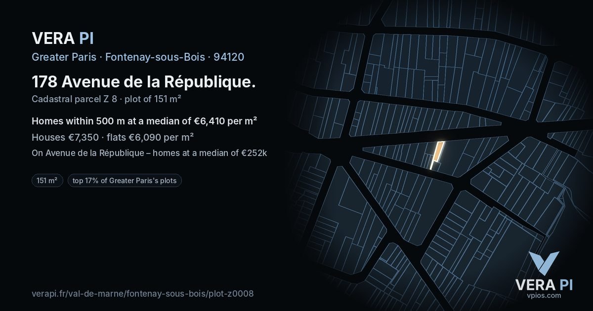 178 Avenue de la République, Fontenay-sous-Bois at night – the plot lit, the parcels around coloured by the prices near them