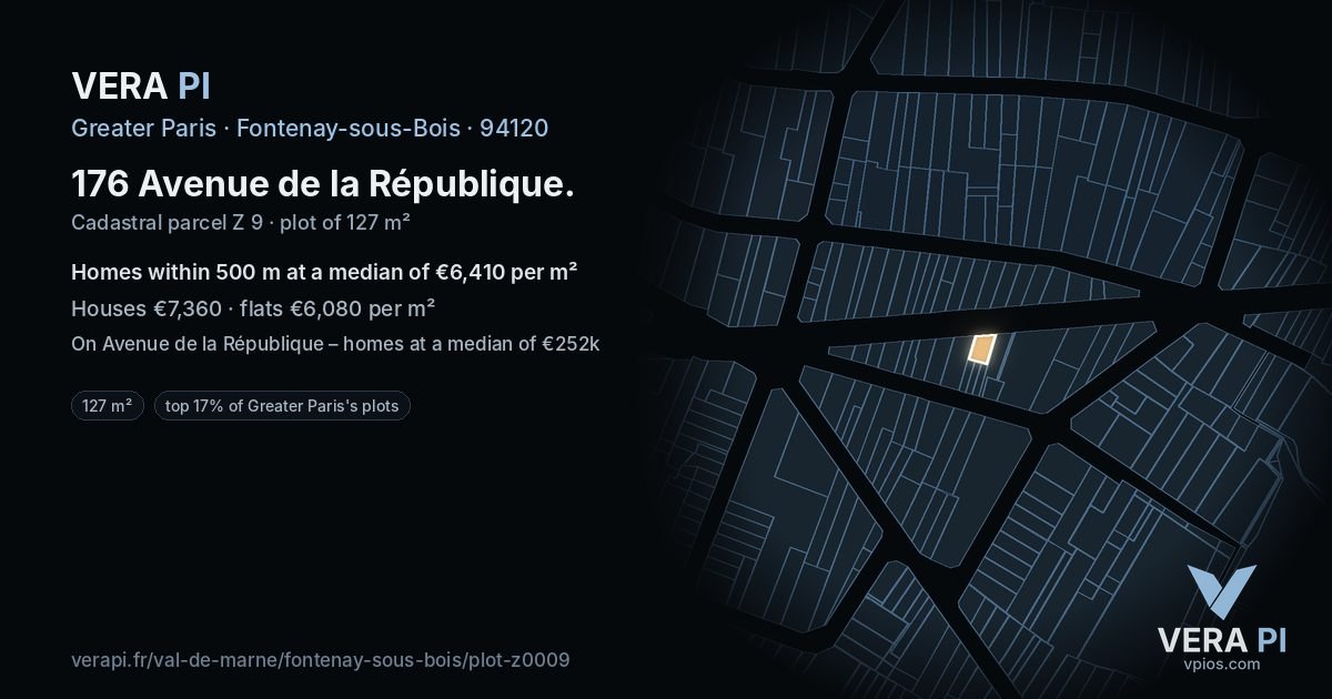 176 Avenue de la République, Fontenay-sous-Bois at night – the plot lit, the parcels around coloured by the prices near them