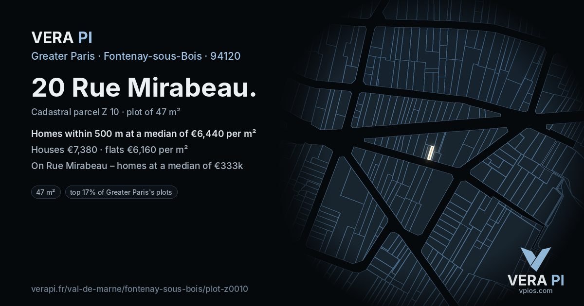 20 Rue Mirabeau, Fontenay-sous-Bois at night – the plot lit, the parcels around coloured by the prices near them