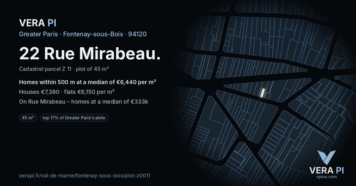 22 Rue Mirabeau, Fontenay-sous-Bois at night – the plot lit, the parcels around coloured by the prices near them
