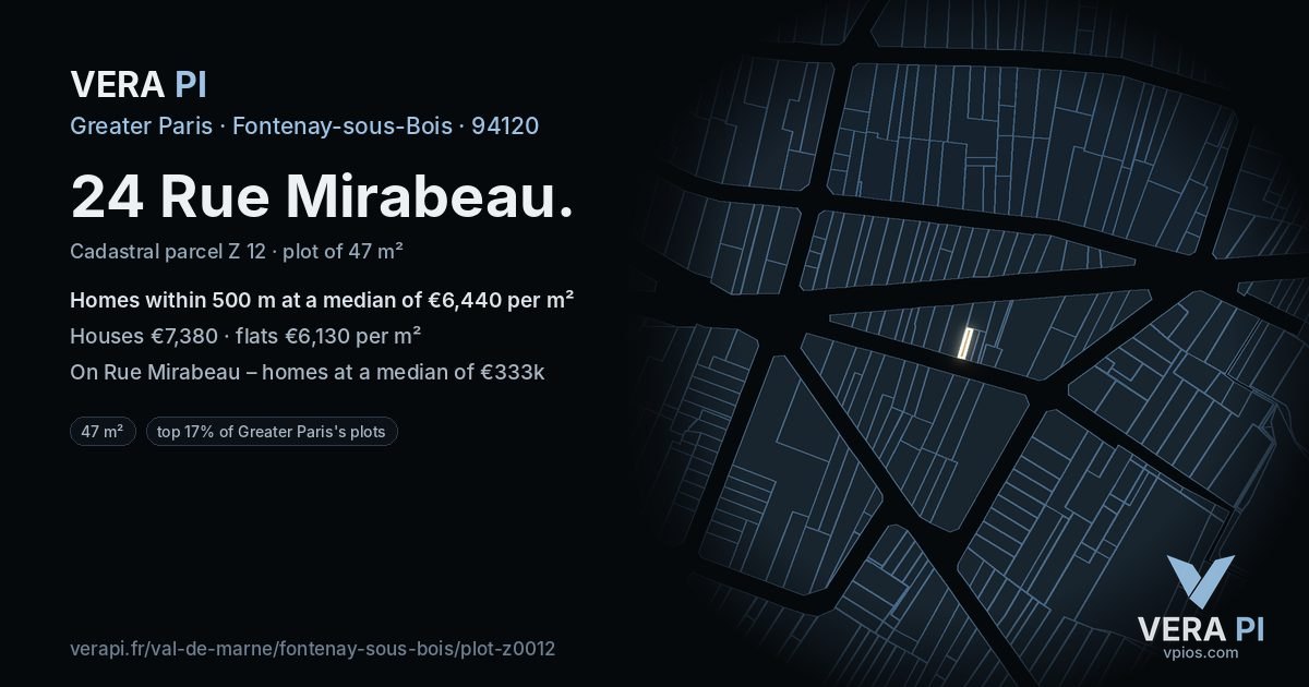 24 Rue Mirabeau, Fontenay-sous-Bois at night – the plot lit, the parcels around coloured by the prices near them