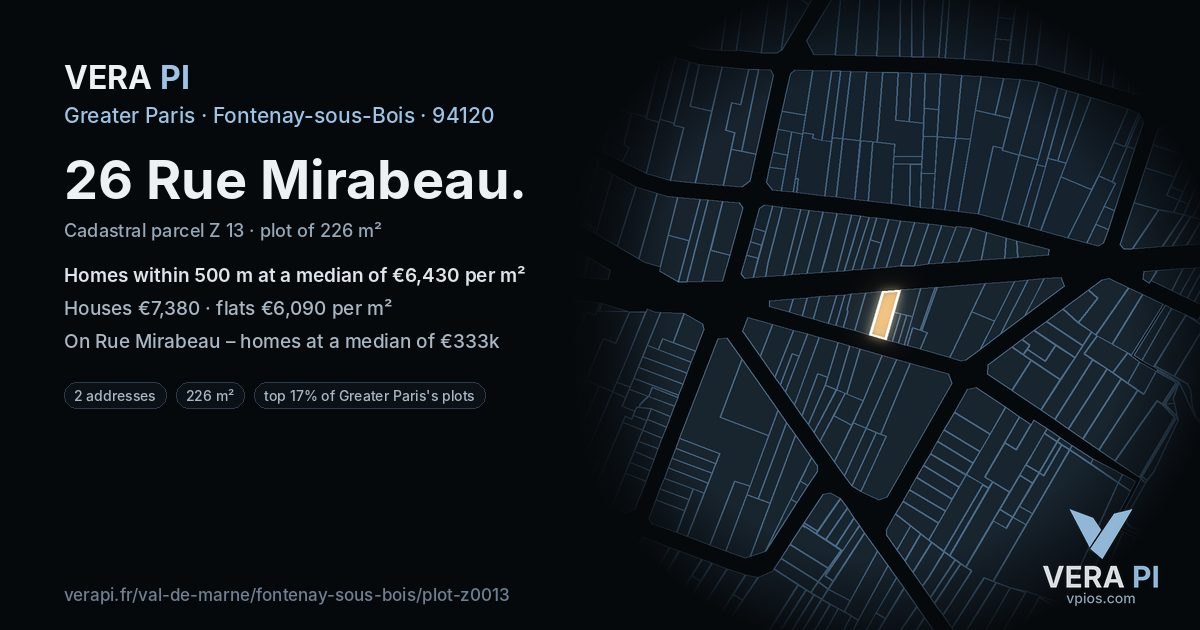 26 Rue Mirabeau, Fontenay-sous-Bois at night – the plot lit, the parcels around coloured by the prices near them