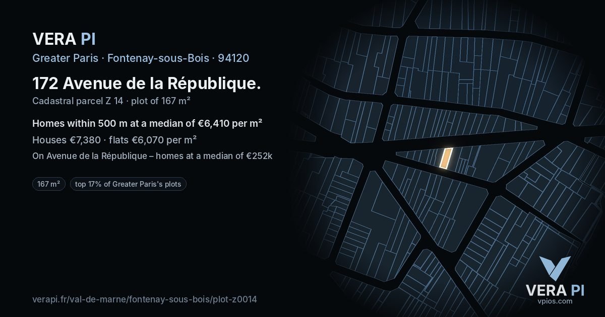 172 Avenue de la République, Fontenay-sous-Bois at night – the plot lit, the parcels around coloured by the prices near them