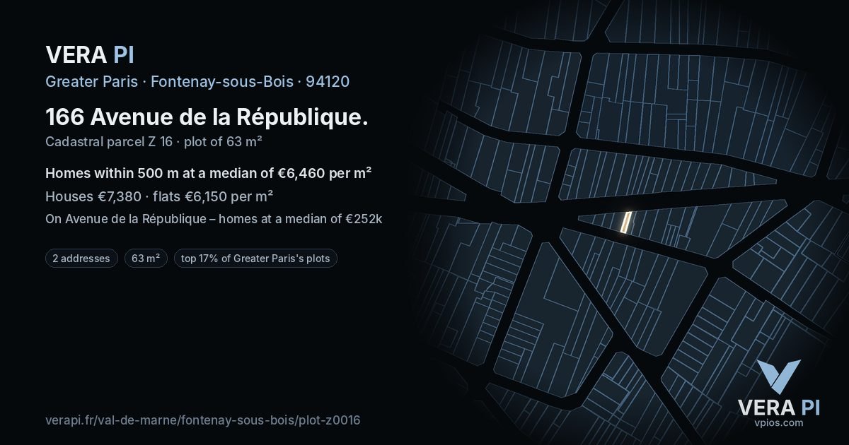 166 Avenue de la République, Fontenay-sous-Bois at night – the plot lit, the parcels around coloured by the prices near them