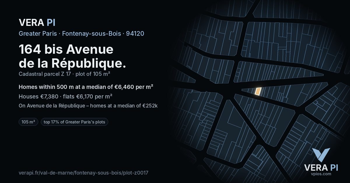 164 bis Avenue de la République, Fontenay-sous-Bois at night – the plot lit, the parcels around coloured by the prices near them