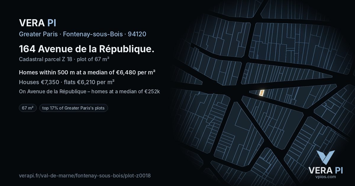 164 Avenue de la République, Fontenay-sous-Bois at night – the plot lit, the parcels around coloured by the prices near them