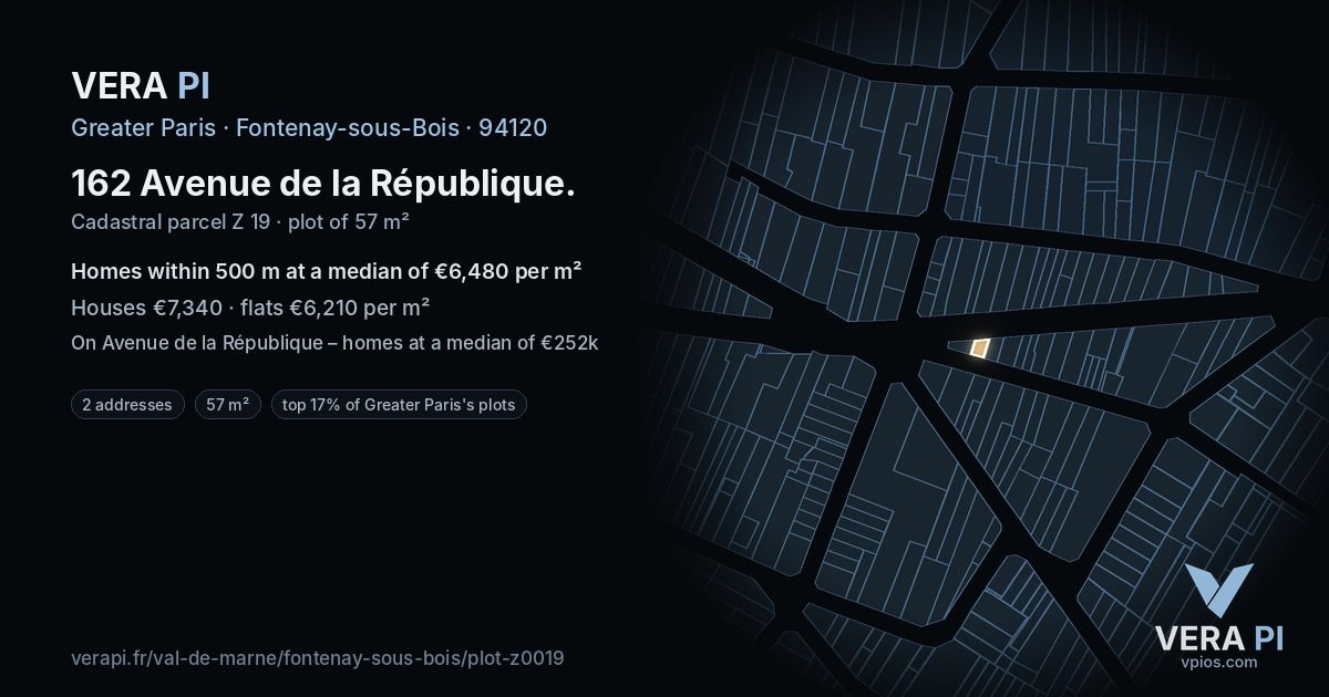 162 Avenue de la République, Fontenay-sous-Bois at night – the plot lit, the parcels around coloured by the prices near them