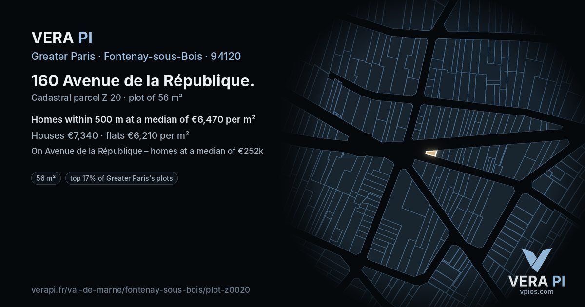 160 Avenue de la République, Fontenay-sous-Bois at night – the plot lit, the parcels around coloured by the prices near them