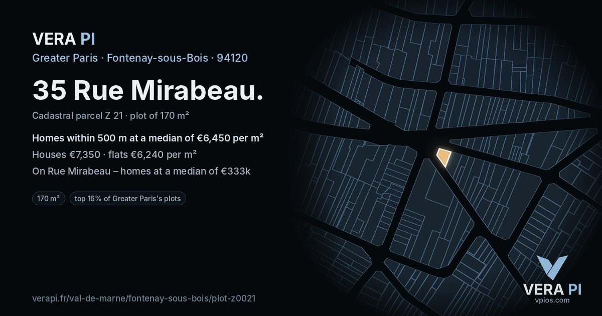 35 Rue Mirabeau, Fontenay-sous-Bois at night – the plot lit, the parcels around coloured by the prices near them