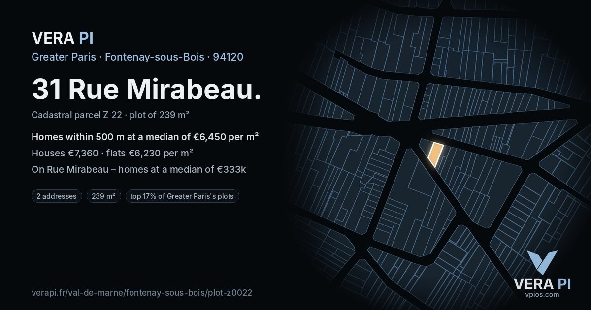 31 Rue Mirabeau, Fontenay-sous-Bois at night – the plot lit, the parcels around coloured by the prices near them