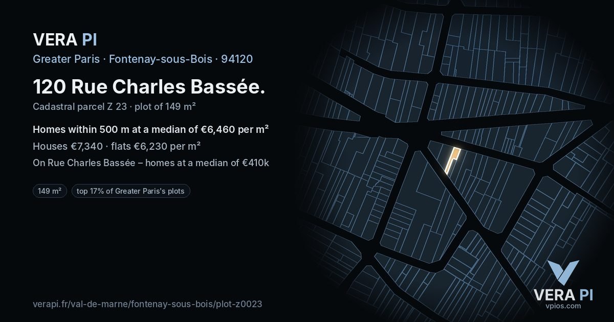 120 Rue Charles Bassée, Fontenay-sous-Bois at night – the plot lit, the parcels around coloured by the prices near them