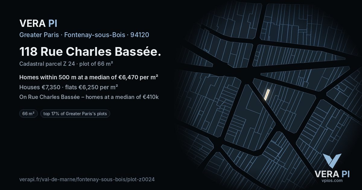 118 Rue Charles Bassée, Fontenay-sous-Bois at night – the plot lit, the parcels around coloured by the prices near them
