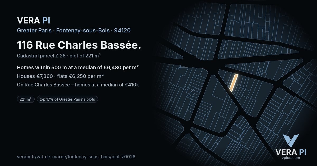 116 Rue Charles Bassée, Fontenay-sous-Bois at night – the plot lit, the parcels around coloured by the prices near them