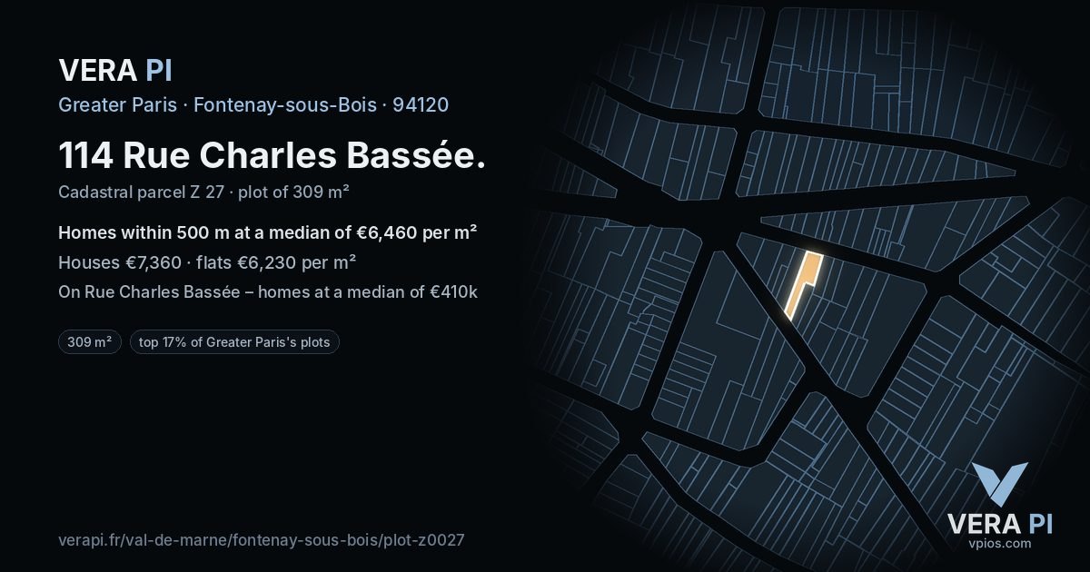 114 Rue Charles Bassée, Fontenay-sous-Bois at night – the plot lit, the parcels around coloured by the prices near them
