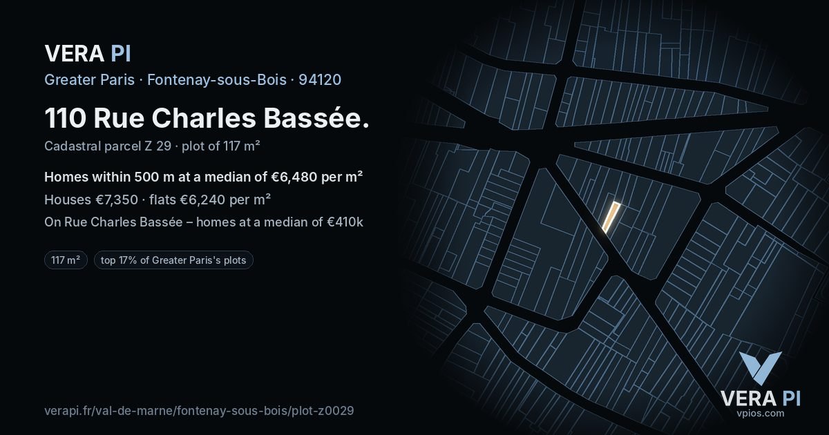 110 Rue Charles Bassée, Fontenay-sous-Bois at night – the plot lit, the parcels around coloured by the prices near them