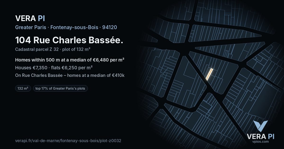 104 Rue Charles Bassée, Fontenay-sous-Bois at night – the plot lit, the parcels around coloured by the prices near them