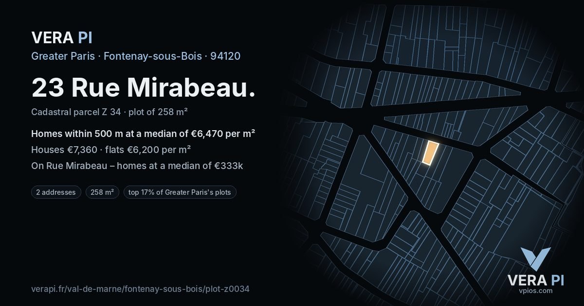 23 Rue Mirabeau, Fontenay-sous-Bois at night – the plot lit, the parcels around coloured by the prices near them