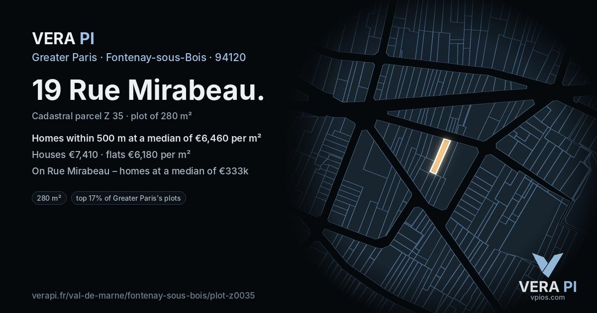 19 Rue Mirabeau, Fontenay-sous-Bois at night – the plot lit, the parcels around coloured by the prices near them