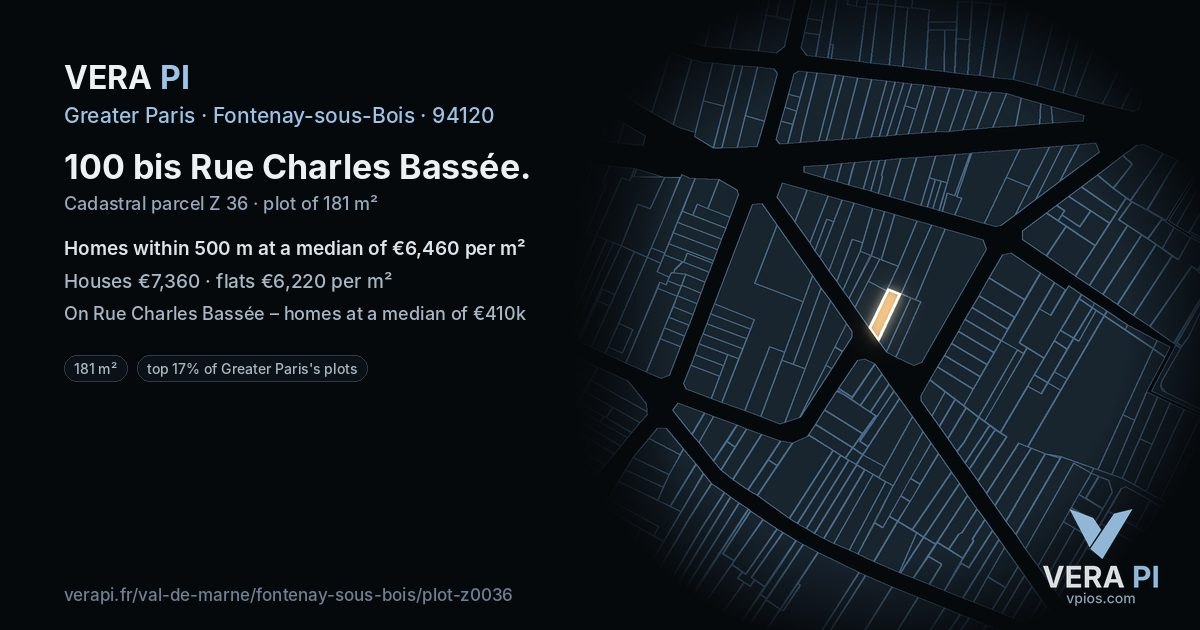 100 bis Rue Charles Bassée, Fontenay-sous-Bois at night – the plot lit, the parcels around coloured by the prices near them