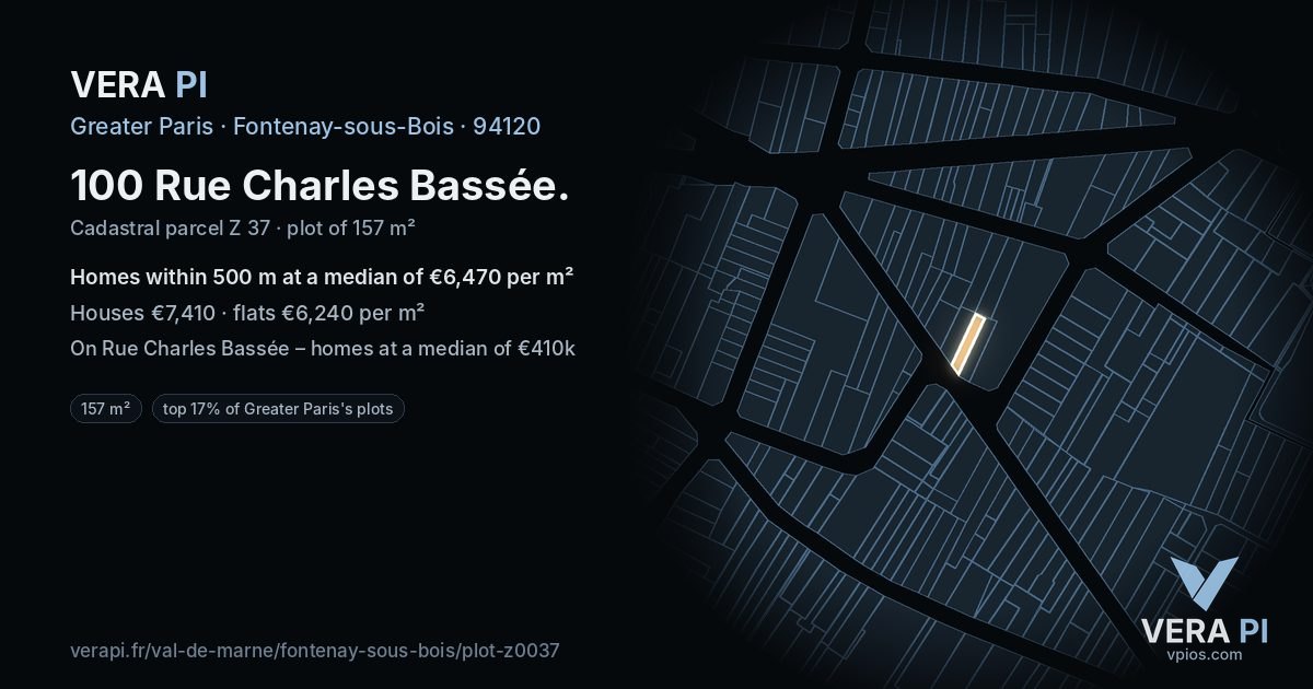 100 Rue Charles Bassée, Fontenay-sous-Bois at night – the plot lit, the parcels around coloured by the prices near them