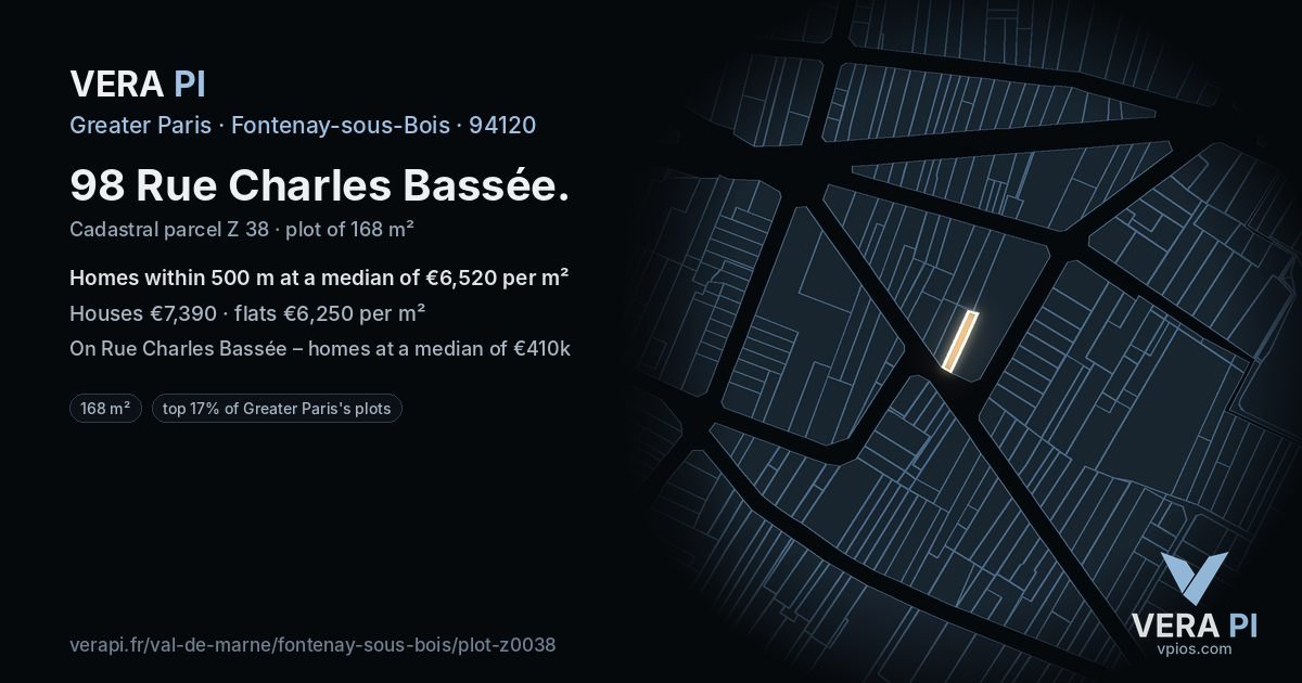 98 Rue Charles Bassée, Fontenay-sous-Bois at night – the plot lit, the parcels around coloured by the prices near them