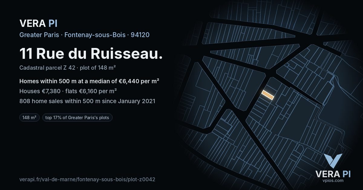 11 Rue du Ruisseau, Fontenay-sous-Bois at night – the plot lit, the parcels around coloured by the prices near them
