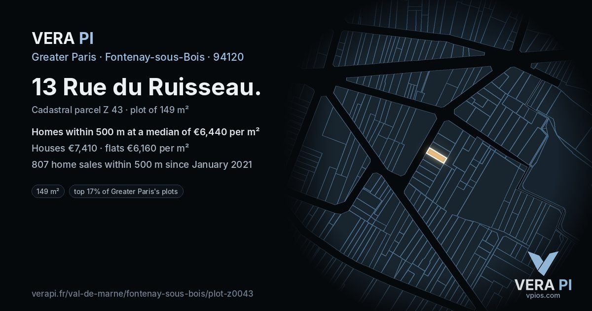 13 Rue du Ruisseau, Fontenay-sous-Bois at night – the plot lit, the parcels around coloured by the prices near them