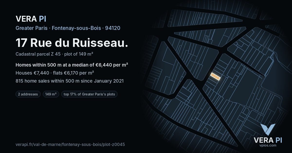 17 Rue du Ruisseau, Fontenay-sous-Bois at night – the plot lit, the parcels around coloured by the prices near them