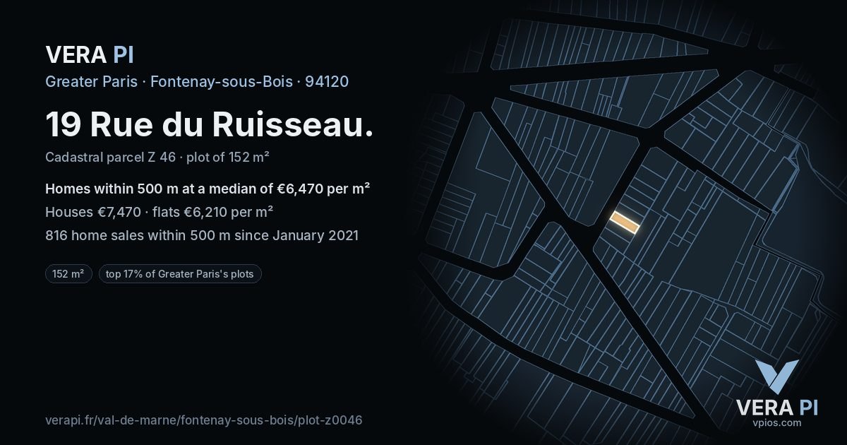 19 Rue du Ruisseau, Fontenay-sous-Bois at night – the plot lit, the parcels around coloured by the prices near them