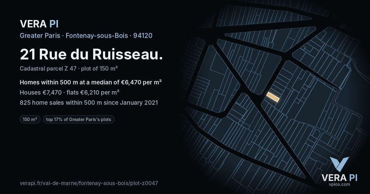 21 Rue du Ruisseau, Fontenay-sous-Bois at night – the plot lit, the parcels around coloured by the prices near them